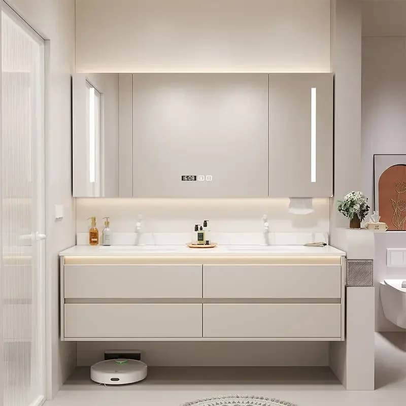 Simpe Mobiletto da bagno intelligente con lavabo Armadi per lavabo integrati in ceramica Armadietto a specchio a LED Mobili per WC da bagno