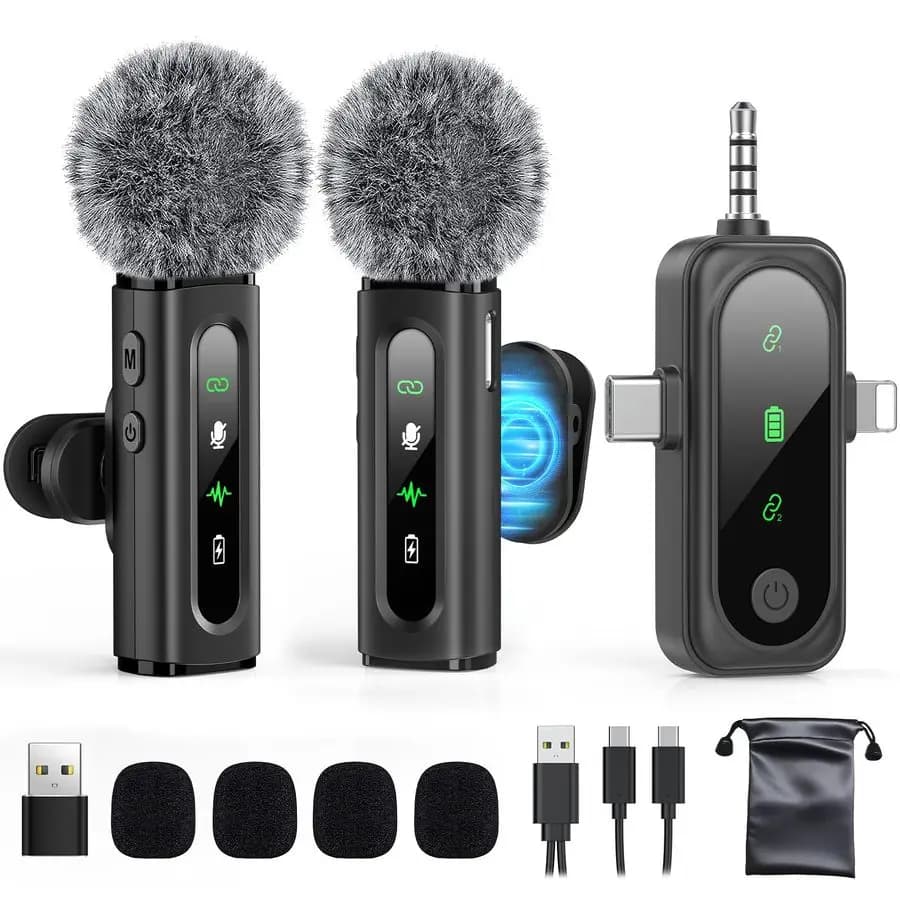 Microfono Lavalier per iPhone, Android, USB C, PC, Registrazione Video con Fotocamera, Microfoni Clip-on 4 in 1 con Clip Rotante e Riduzione del Rumore