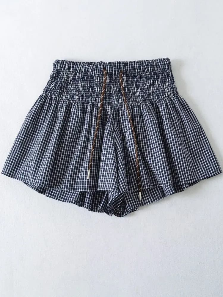 Pantaloncini a vita alta a quadri da donna con coulisse, a gamba larga, a pieghe, stile gonna, casual, versatili per il commuting quotidiano