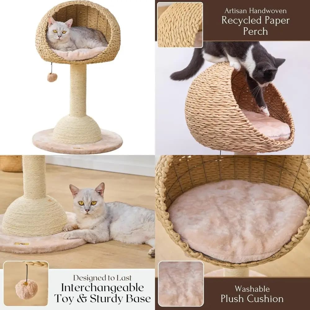 Albero per gatti ecologico a due livelli con cestini in corda di carta riciclata, tiragraffi in sisal e giocattolo teaser giocoso