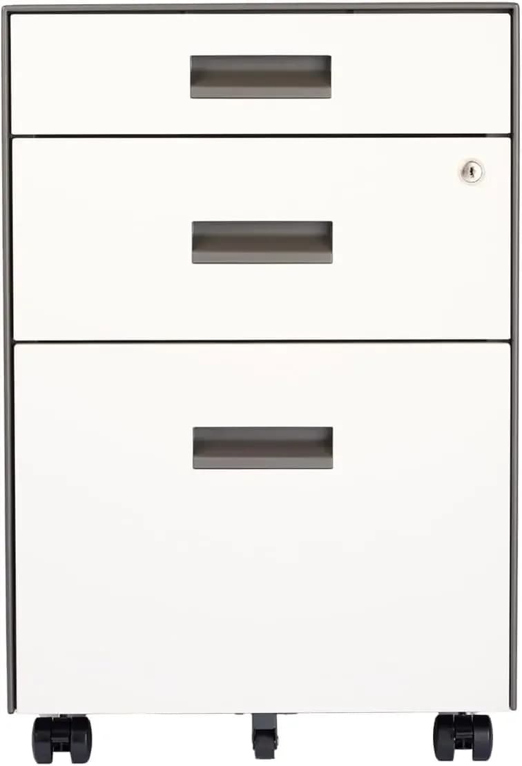 3 Drawer File Cabinet with Lock - Under Desk Metal Filing Cabinet, Legal/Letter File Folders, Wheels, Fully Assembled, White/Gra