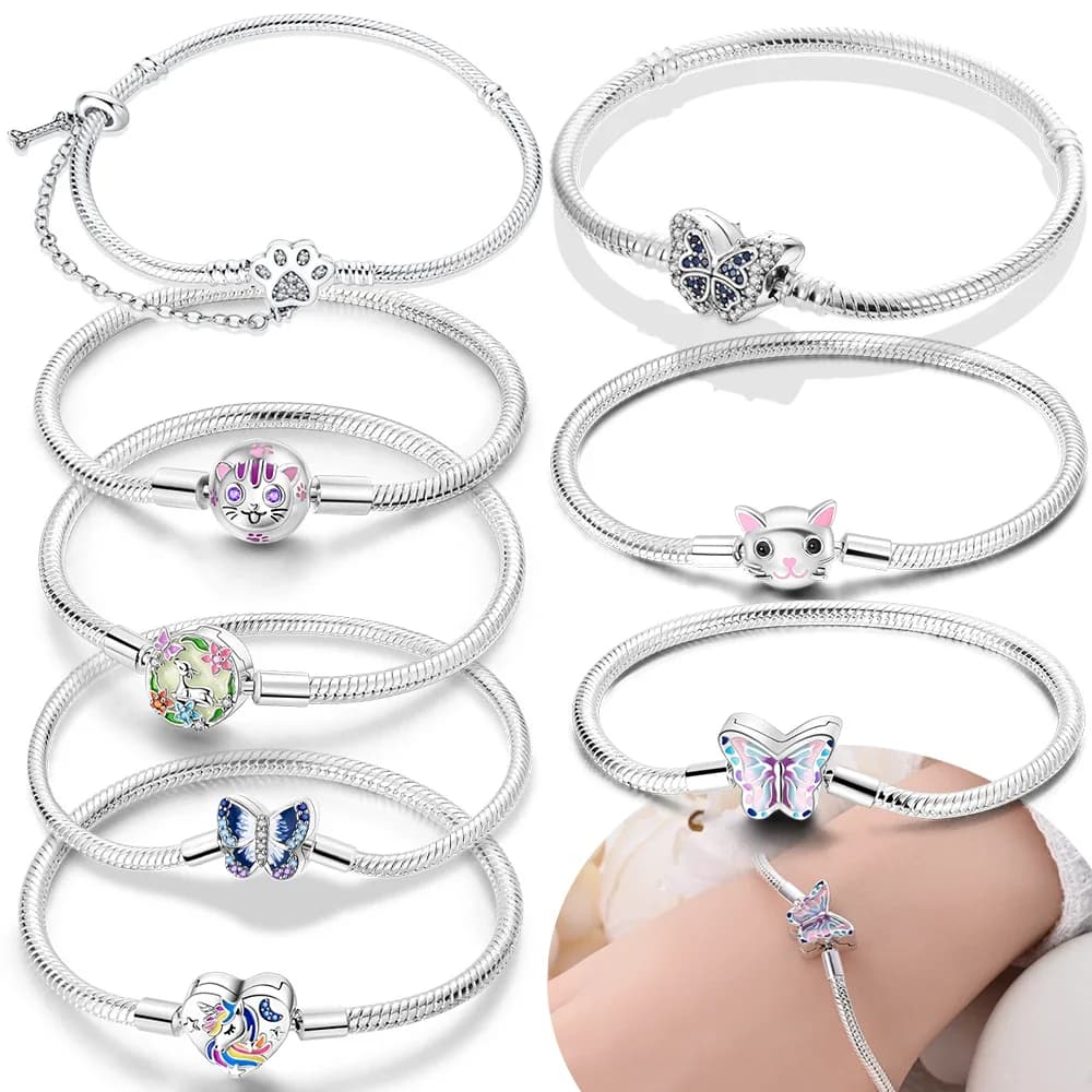 Bracciale originale in argento sterling 925 da donna con perline di gatto rosa, farfalla blu, braccialetto con unicorno, gioielli di lusso, regalo di San Valentino per ragazza