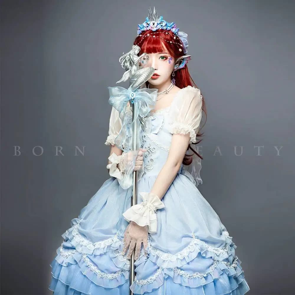 Abito Lolita a Sirena Blu Chiaro con Maniche a Sbuffo Trasparenti, Pizzo e Balze a Strati, Costume Cosplay da Principessa Kawaii per Tea Party