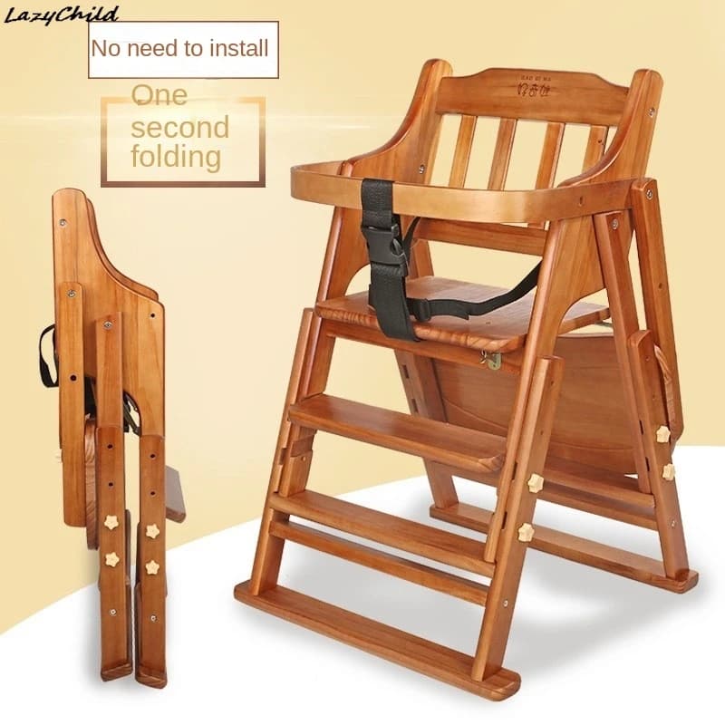Lazychild high waist dining chair for children in solid wood household use with pulley seat cushion portable folding seat for eating baby