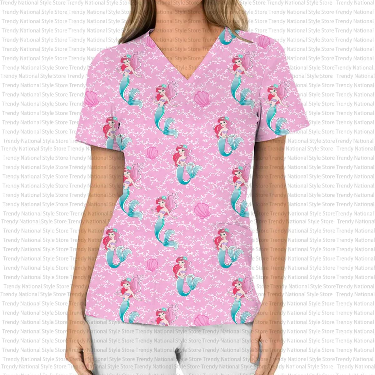 Abbigliamento da lavoro da donna T-shirt smerigliata con tasca con scollo a V, stampa principessa sirena Disney per salone di bellezza, medico, dentale, top per negozio di animali