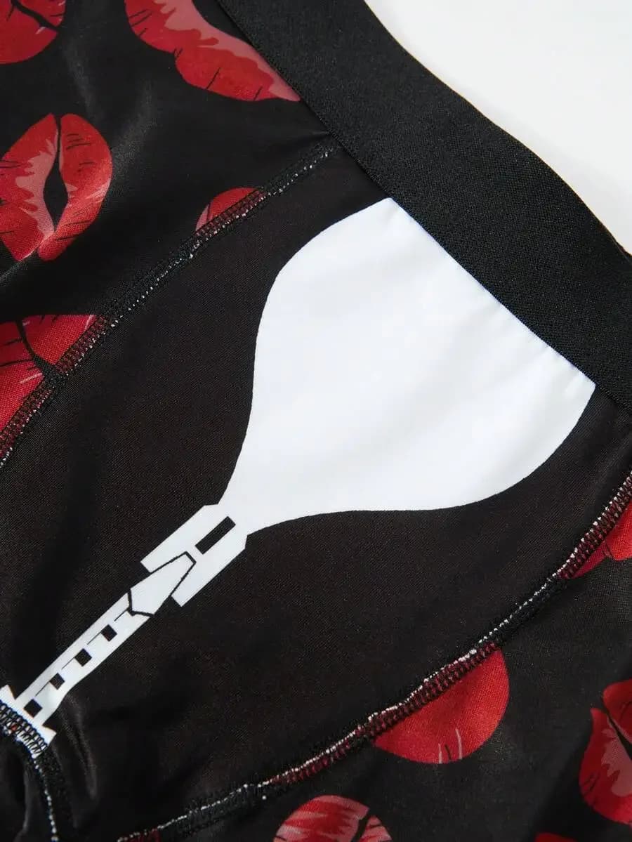 Mens Knitted Boxer Shorts With Red Kiss Lip Print And White Zipper Detail