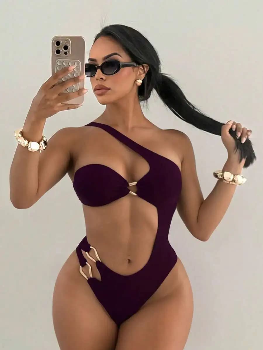 Women Solid Color Asymmetrical One Shoulder Hollow Out Swimsuit For Beach Vacation