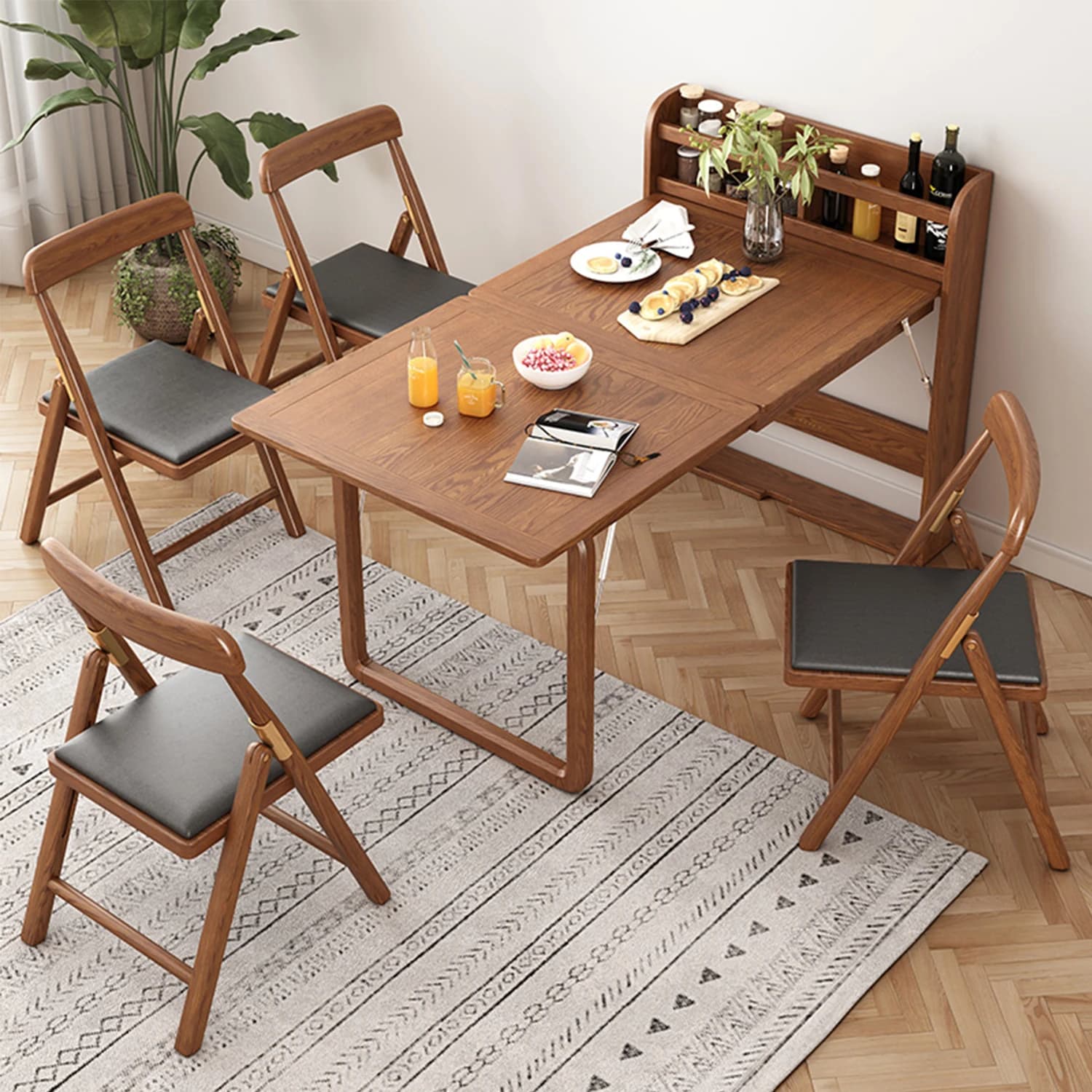 NOVA Set di mobili per sala da pranzo in legno massello Tavolo espandibile in noce a 6 posti con portaspezie Design moderno Risparmia spazio