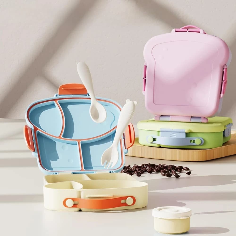 Bento Box per bambini, portapranzo scolastico con utensili e ciotola per immersione, a prova di perdite, 4 scomparti con maniglia per il trasporto