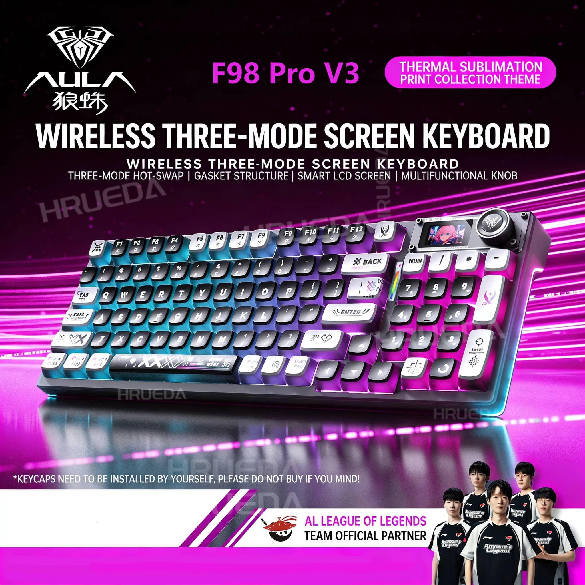 Tastiera Meccanica AULA F98 Pro V3 Tri-Mode, Layout 98%, Hot Swap, Montaggio Gasket, Retroilluminazione RGB, Tastiera da Gaming con Schermo