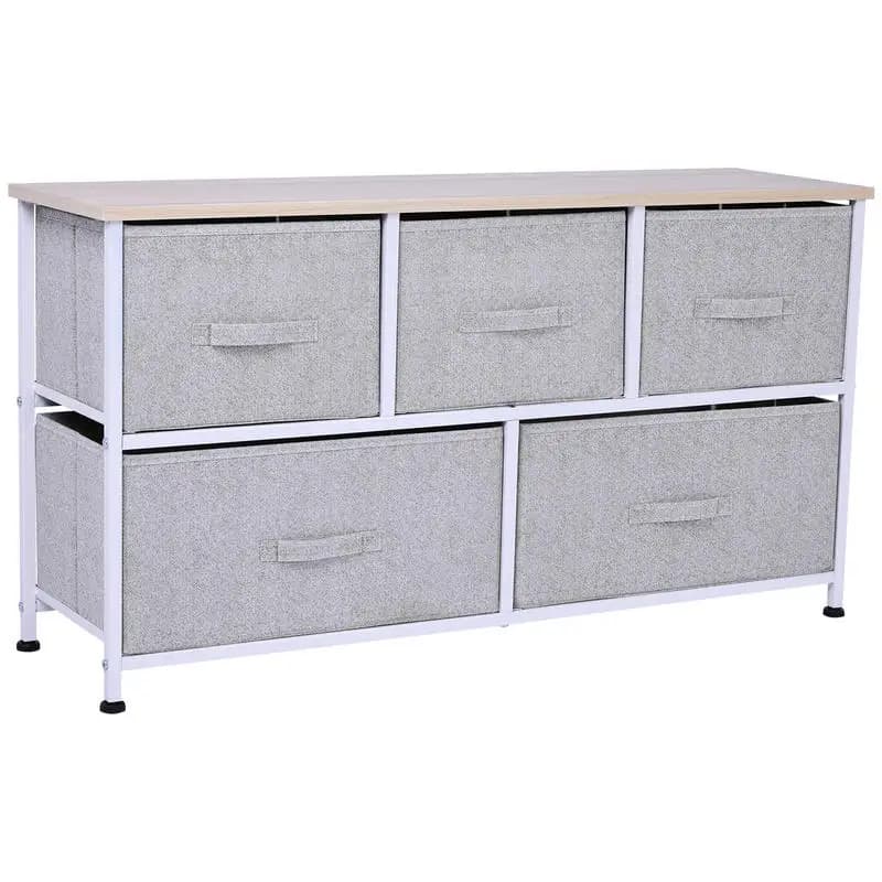 HOMCOM Cassettiera a 5 cassetti da 100 cm, mobile contenitore orizzontale per camera da letto, scaffale a torre per soggiorno con contenitori in tessuto, grigio chiaro
