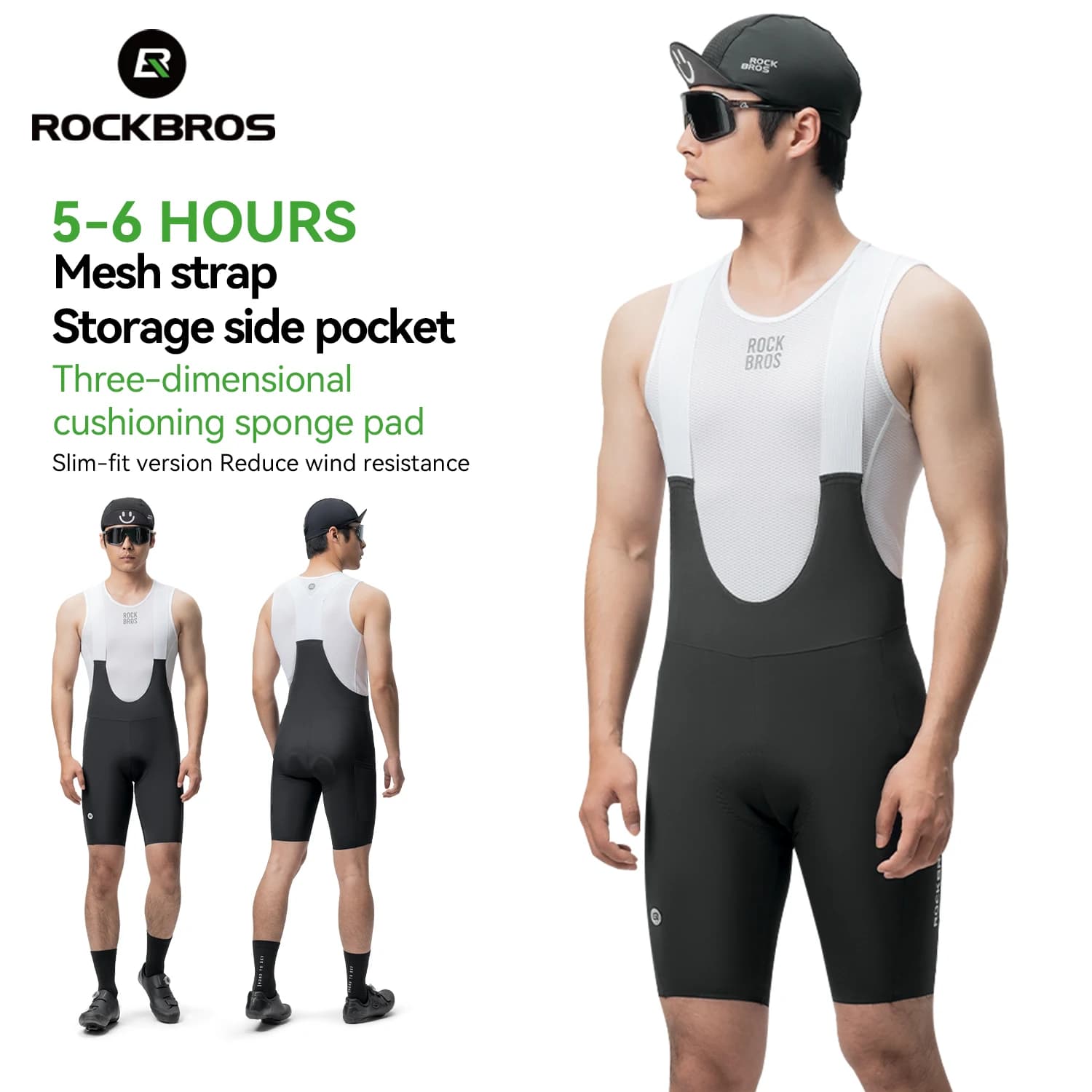 ROCKBROS Summer Men's Sponge Cycling Pants Shorts with Strap Reflective Bike Pants Long Bike Pants Cycling
