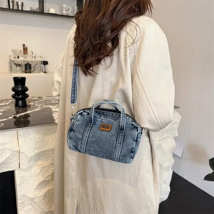 Borsa a tracolla piccola in denim alla moda da donna, design a cuscino, stile coreano, chiusura con cerniera, borsa a spalla alla moda