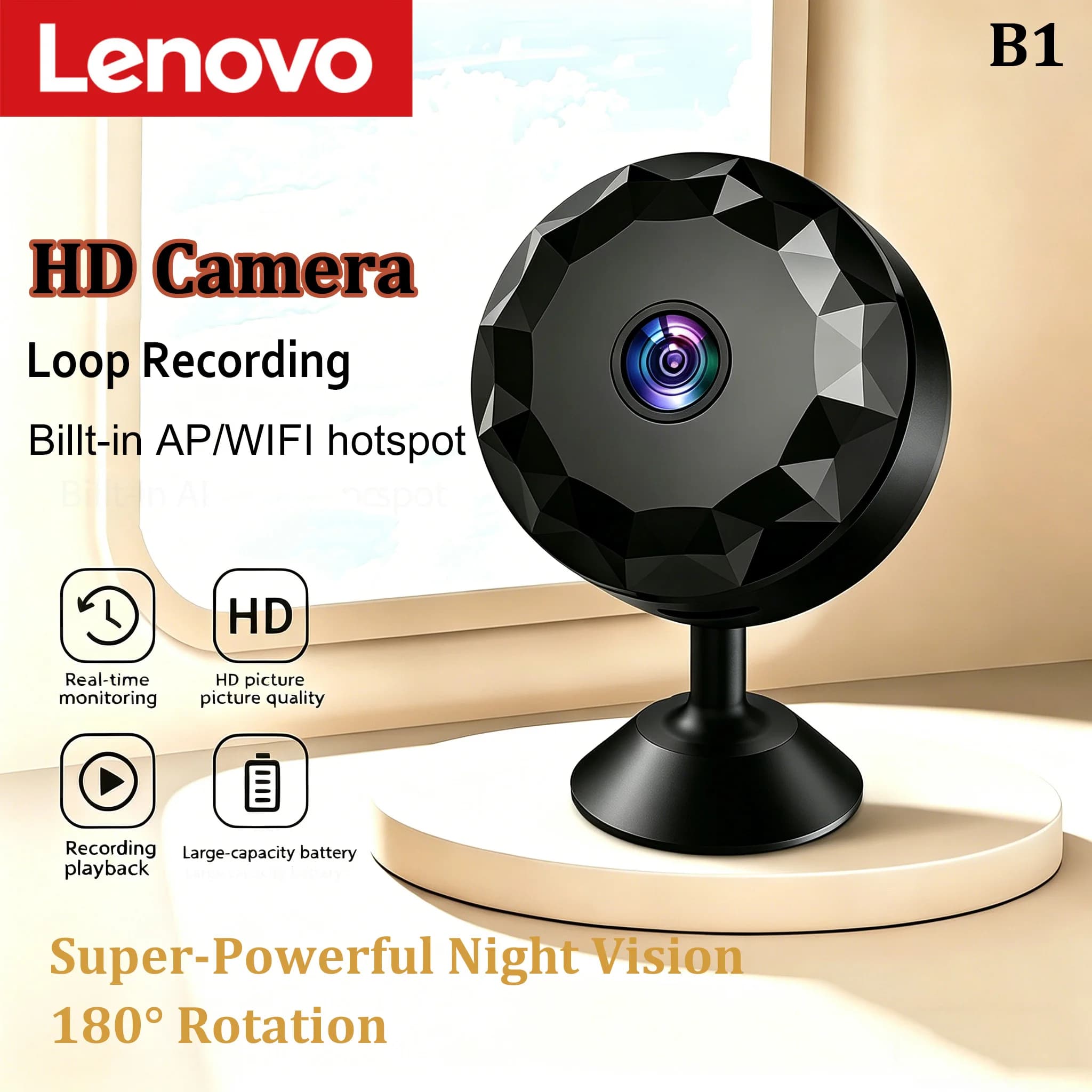Lenovo Wireless WiFi Home Security Camera HD Resolution Infrared Night Vision and Pet Monitoring 180° Rotation 8-Hour Standby