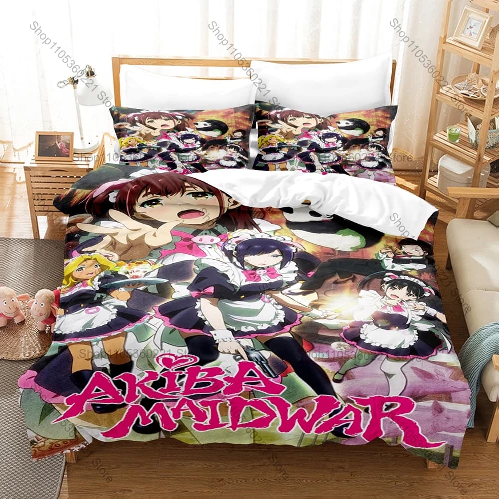 Akiba Maid War Dark Yakuza Maid Cafe Gun Fight Anime Print Duvet Cover + 2 Pillowcases Grunge Violent Akihabara Bedroom Decor