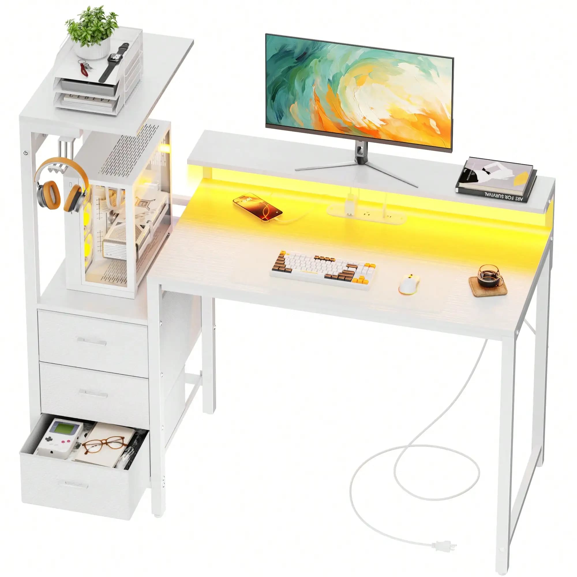 Gaming Desk With Monitor Stand & Dresser, LED Lights, Built-In Power Outlets & USB Charging, Home Office Computer Desk With Storage Drawers, PC Tower Stand & Headphone Hook, Modern Workstation For Bedroom & Living Room