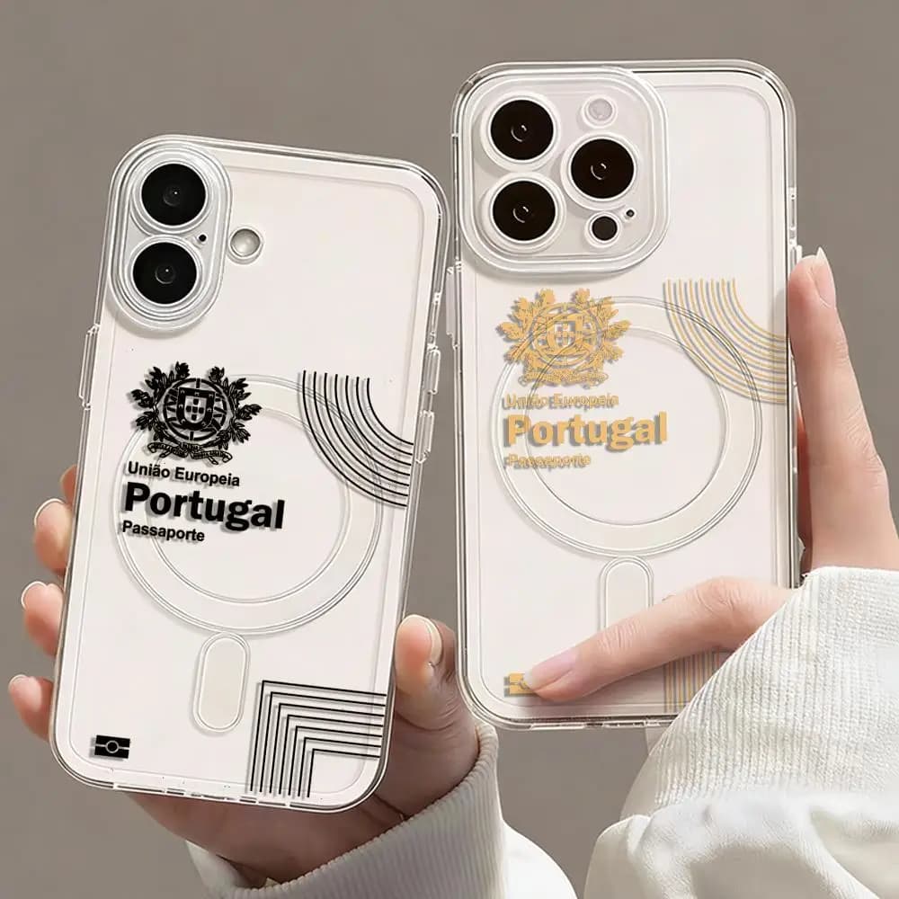Custodia Magnetica Trasparente per iPhone 17 16 15 14 13 12 Pro Max Plus con Design Passaporto Portogallo, Cover Sottile Wireless