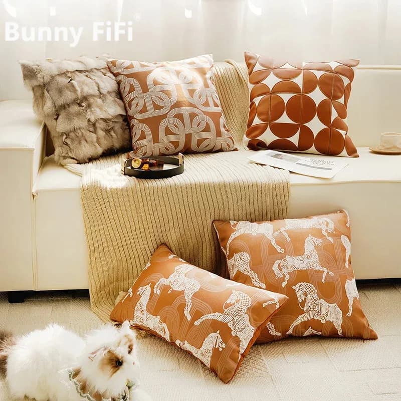 Fodere per cuscini serie Orange Horse Pattern in ciniglia jacquard ricamata, lussuose e moderne, per divano e letto