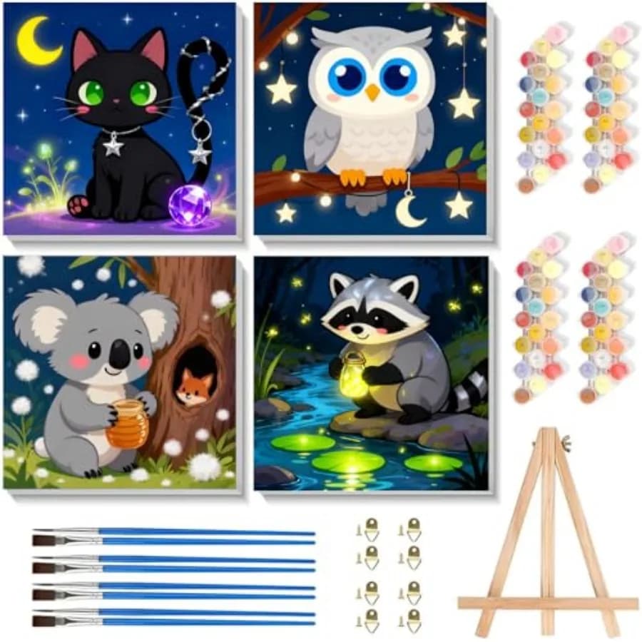 4 Pack Paint by Numbers Kit for with Frame, Cute Animals Paint by Numbers Ages 4-8-12 with Wooden Easel, Easy DIY Acrylic Oil P