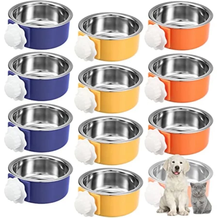 Set di 12 Ciotole Rimovibili in Acciaio Inox per Cani, Mangiatoia e Abbeveratoio Sospeso per Gabbie, Recinti e Cuccette per Cani e Gatti