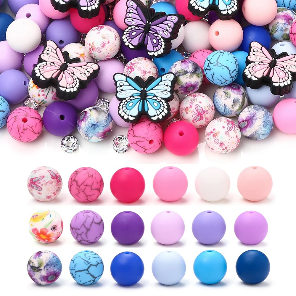 58 pz 15mm farfalla in silicone perline rotonde set massaggiagengive masticare perline per fai da te ciuccio per bambini braccialetto a catena creazione di gioielli accessori