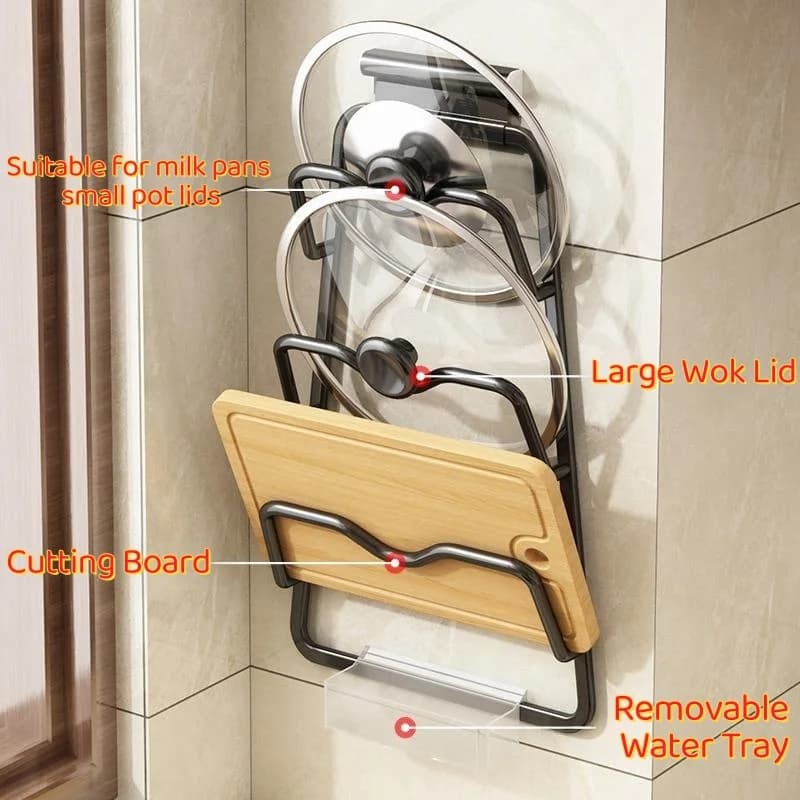 Wall Mount Pot Lid Rack, Drill-Free Kitchen Storage Organizer, Multi-Purpose Holder for Pot Lids & Cutting Boards for Home Use