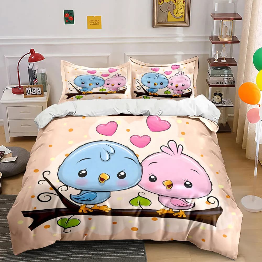 Set di biancheria da letto con stampa di uccelli blu e rosa con cuori, morbido e confortevole, include 1 copripiumino e 2 federe.