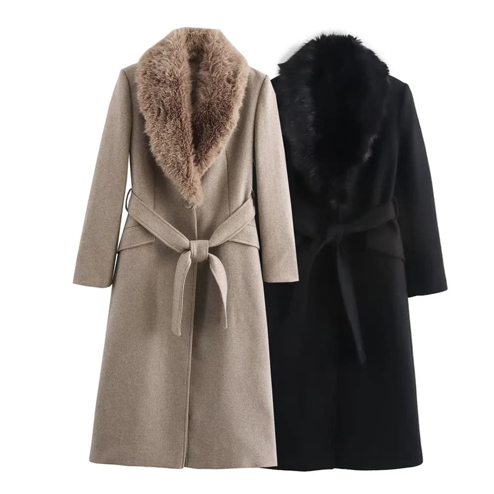 Women's Belt Coat with Hot Fur Collar Tipper Pocket with Buttons Decoration Autumn/Winter New Women's Clothing