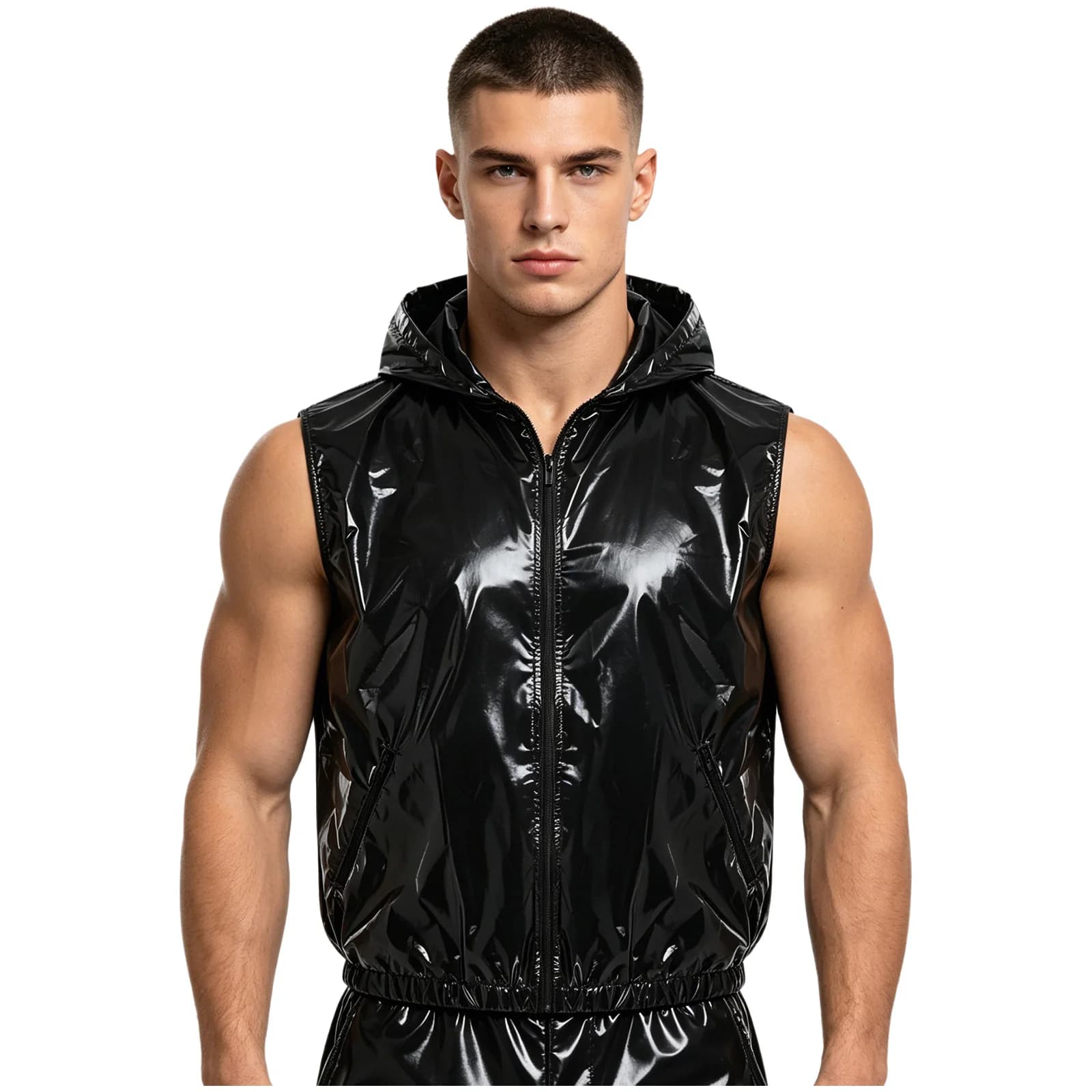 Mens Glossy Waterproof Hooded Vest Tops Sleeveless Side Zipper Pockets Hip Hop Tank Top Outerwear Shiny Metallic Waistcoat
