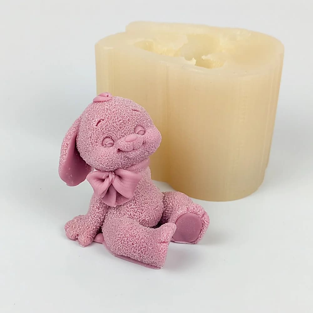 Coniglio seduto 3D con stampi Bowknot, stampo per candele in silicone, stampi per sapone, animali, matrimonio, compleanno, San Valentino, DW0407