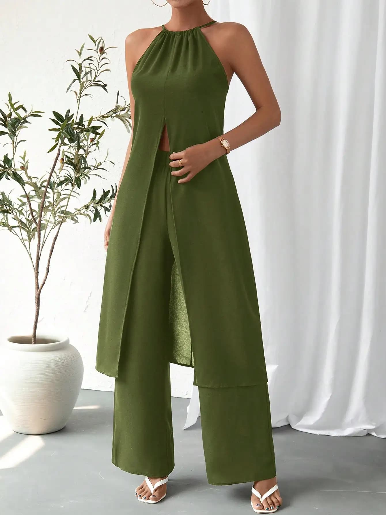 Elegant Casual Solid Color Ladies' Two-Piece Set Strap Design Comfortable Fashionable Women's Outfit Combo