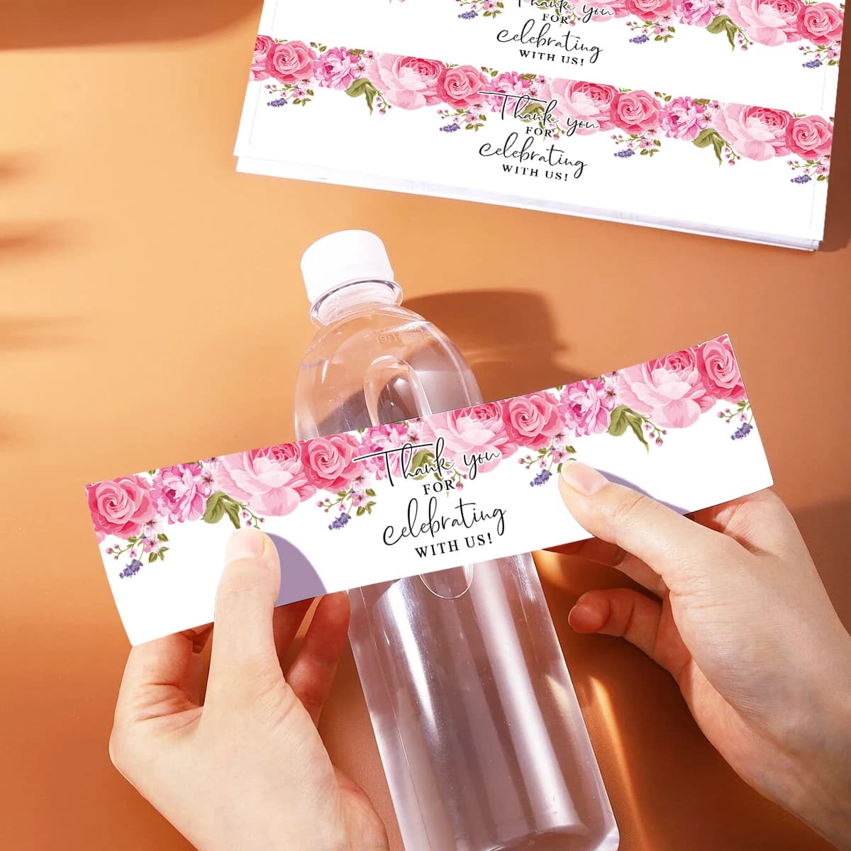 20 adhesive labels for thanks water bottles with floral design to celebrate with us, wedding decorations, parties, baby shower, birthdays