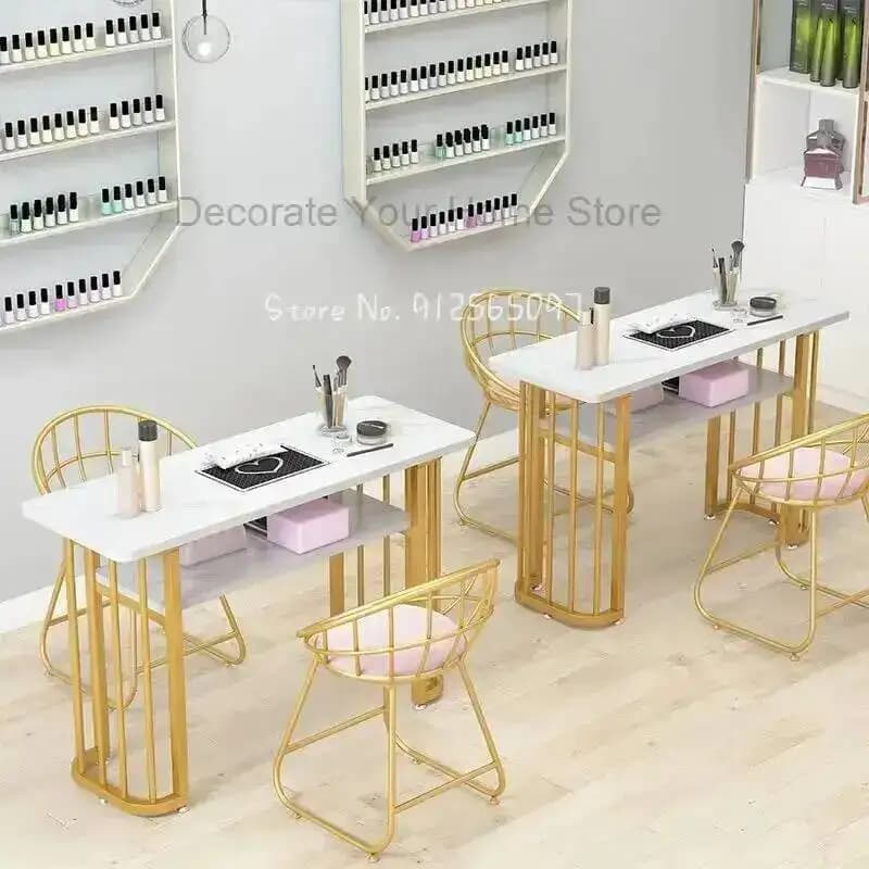 Set Tavolo e Sedie per Manicure in Stile Nordico con Motivo Marmoreo, in Ferro Battuto, Singolo, Doppio o Triplo