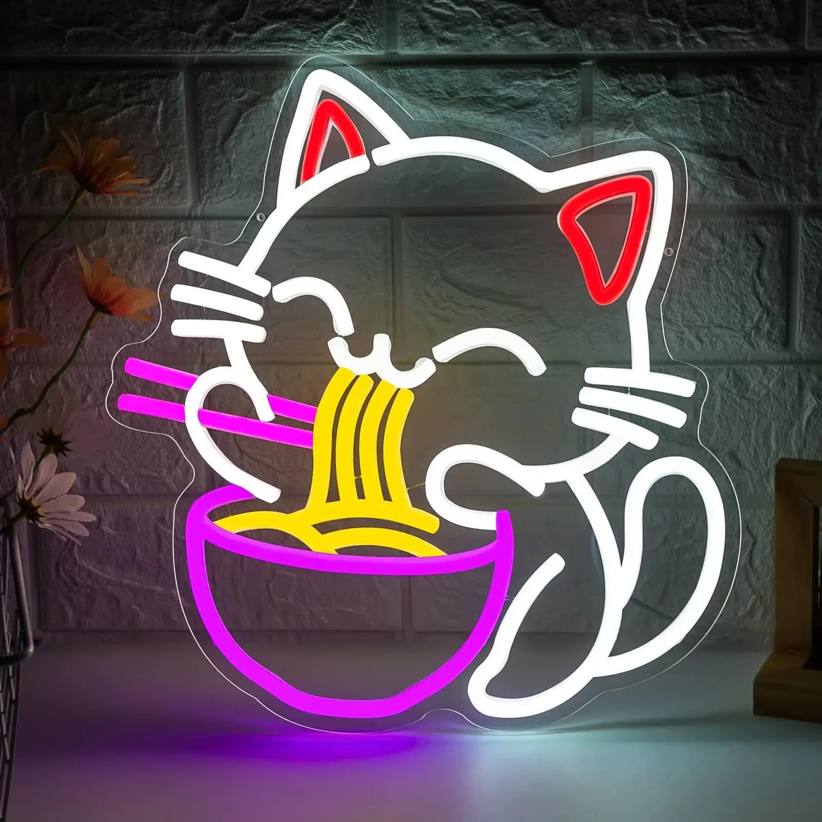 Insegna al neon Ramen del gatto della fortuna Insegne luminose a LED con noodle del gatto fortunato giapponese Negozio di noodle anime, affari, ristorante, cucina, sala da pranzo