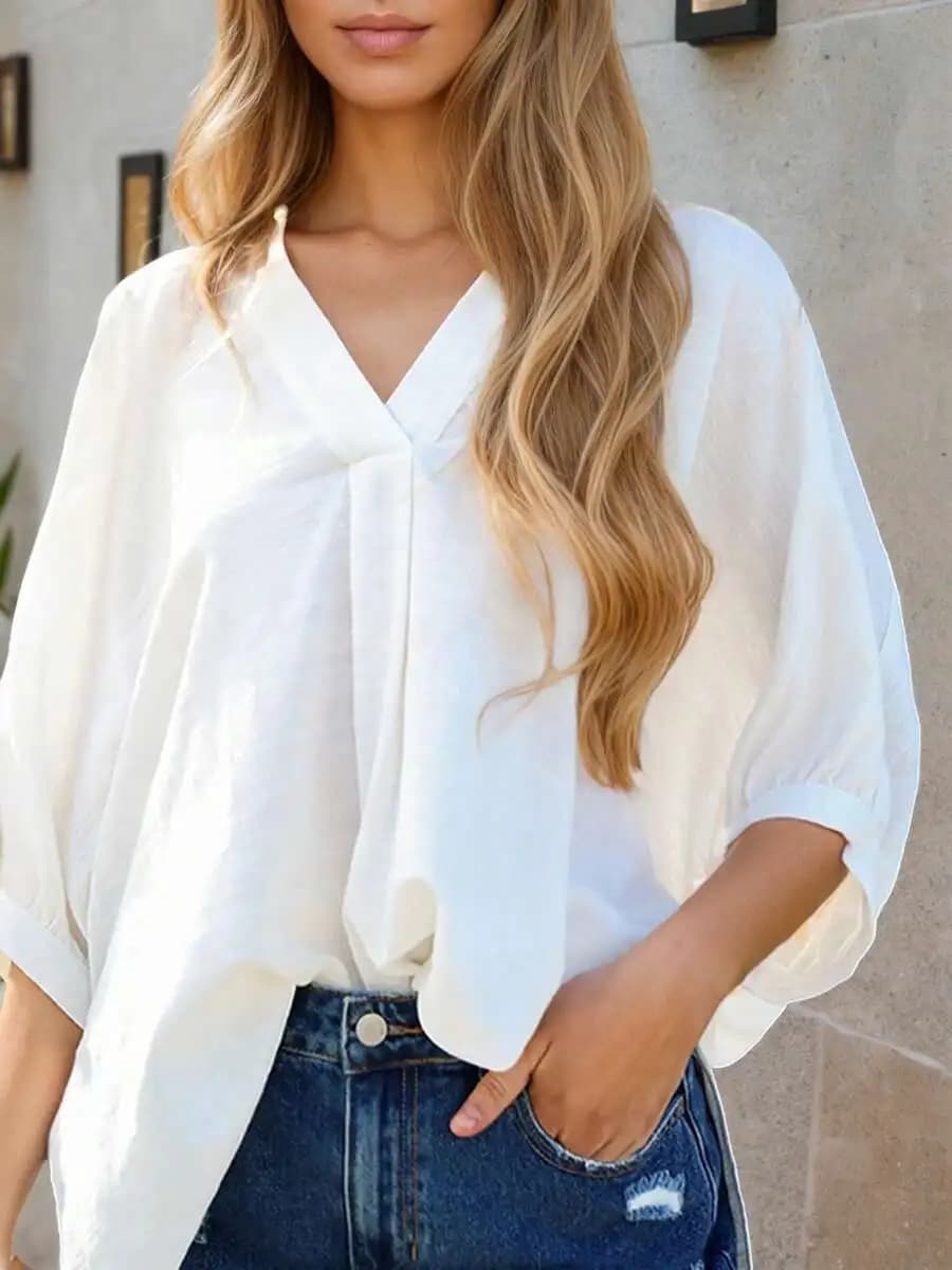 Womens White V-Neck Loose Blouse With Puff Sleeves Casual Top