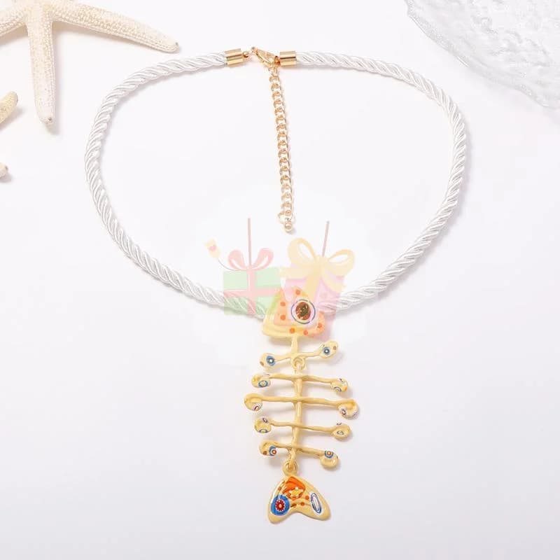 Boho Fish Bone Pendant Necklace Hand Woven Rope Alloy Printed Hypoallergenic Neck Jewelry for Beach Party Accessory