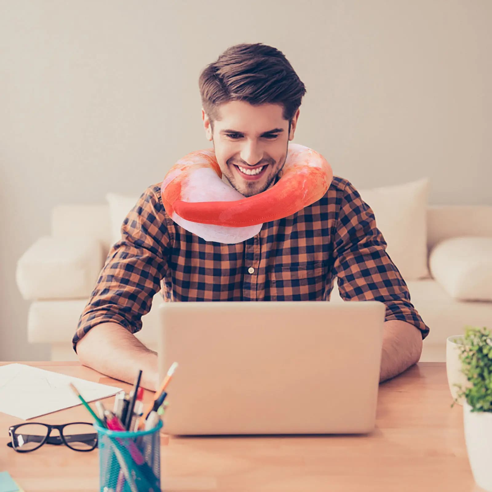 Cuscino da Viaggio a Forma di Gamberetto, Cuscino Comfort per il Collo con Fodera Rimovibile e Lavabile per Aereo, Auto, Ufficio