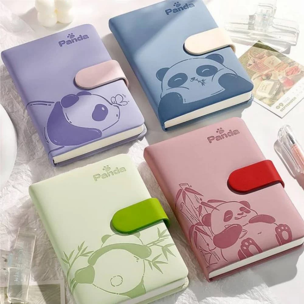 Cute Panda A5 Hardcover Notebook, 200 Pages PU Leather Journal with Elastic Band, Cute Stationery for Students & Office