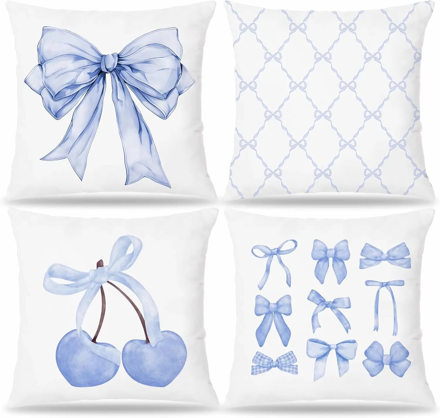 4 Pezzi Fodere per Cuscini Decorativi Blu Coquette con Fiocco, Fantasia Ciliegia e Nastro in Stile Acquerello, per Soggiorno, Camera da Letto, Divano, Arredamento Casa