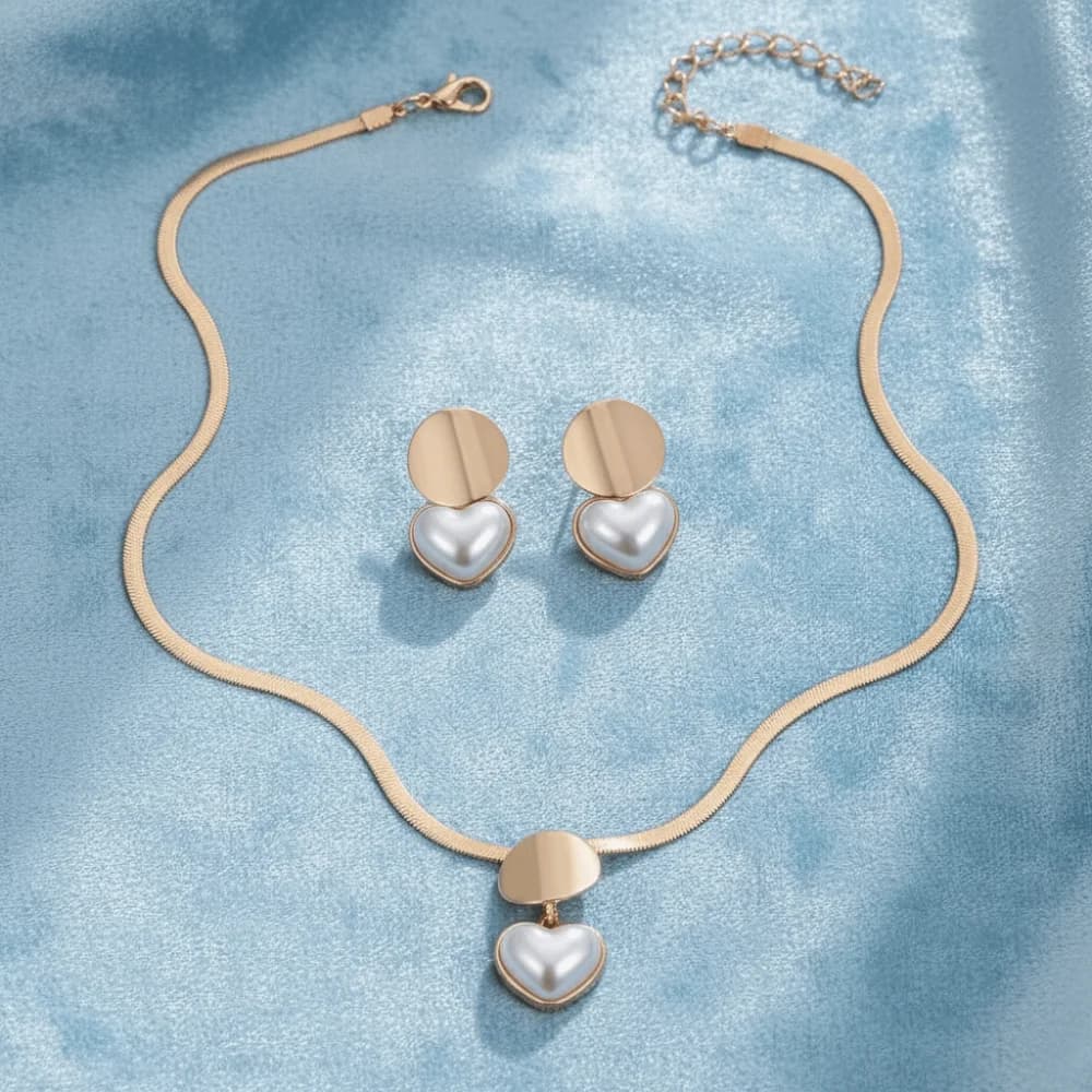 Elegant Heart Shaped Jewelry Set Gold Color Snake Bone Chain Imitation Pearl Earrings Circular Minimalist Design