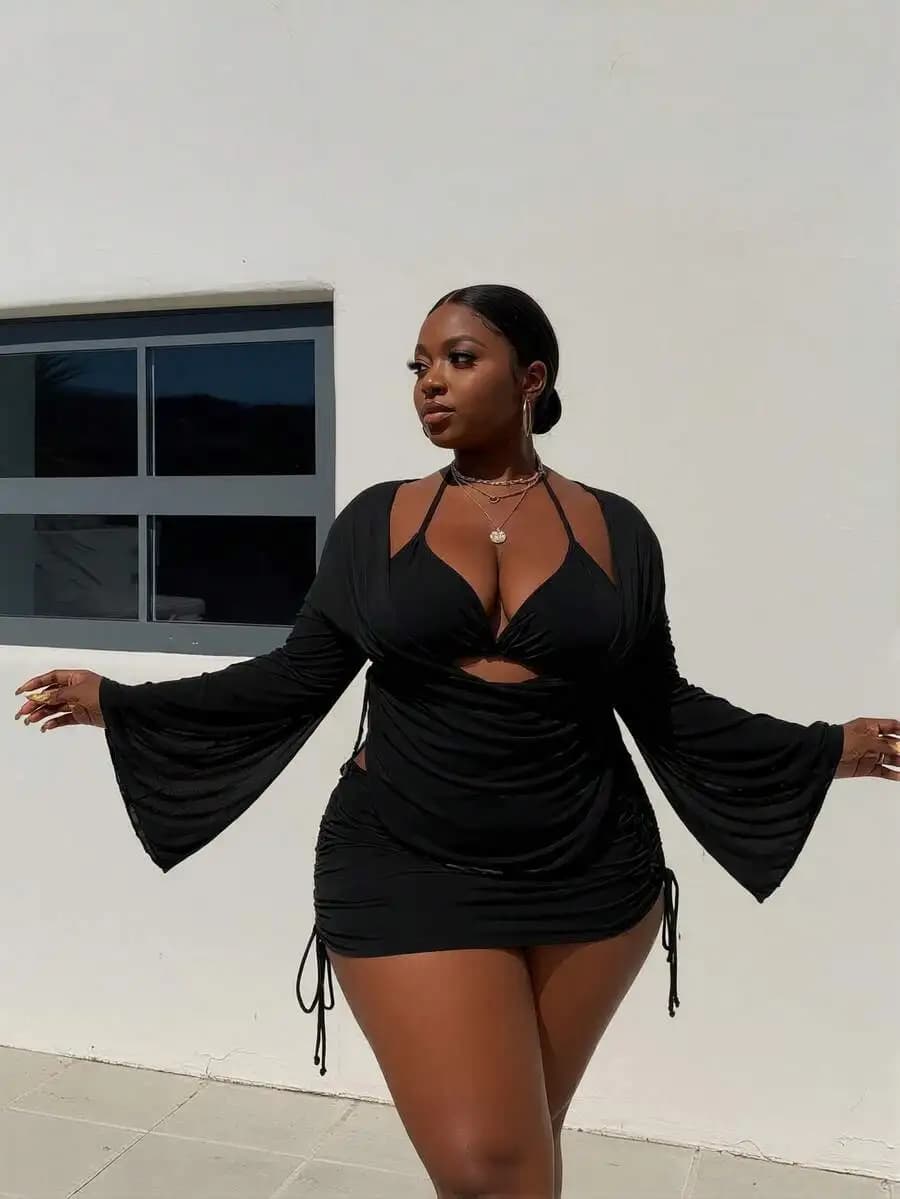 Plus Size Women Black Long Sleeve Swimsuit Set Beachwear Party Vacation Outfit