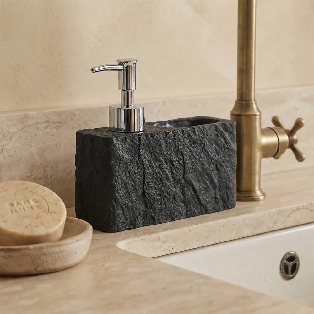 Dispenser di Sapone da Cucina con Porta Spugna, 2-in-1 con Texture in Resina Effetto Pietra, Pompa per Sapone e Organizzatore per Cucina
