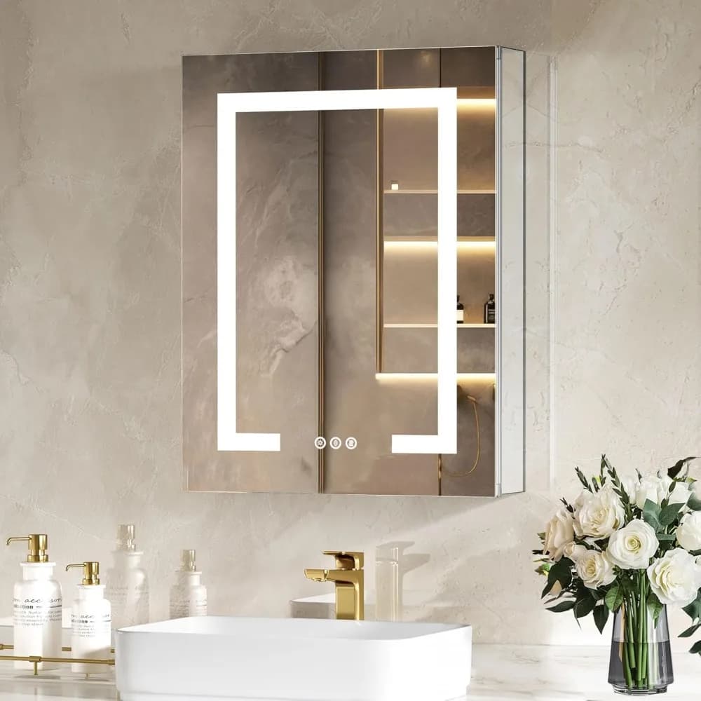 Armadietto dei medicinali illuminato da 20 x 26 LED con luci, prese e USB, specchio per armadietto dei medicinali da incasso o a montaggio superficiale per il bagno