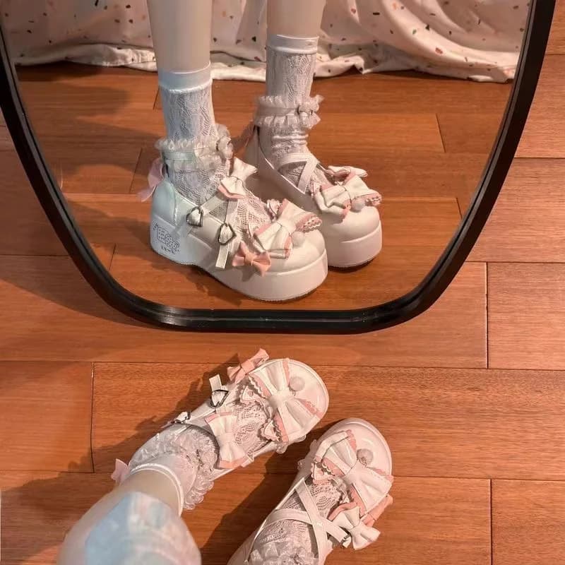 Lolita Thick Bottom Platform Shoes Women's Fashion Sweet Style Knot Slip-On round Toe Anti-Slip Casual Loafers