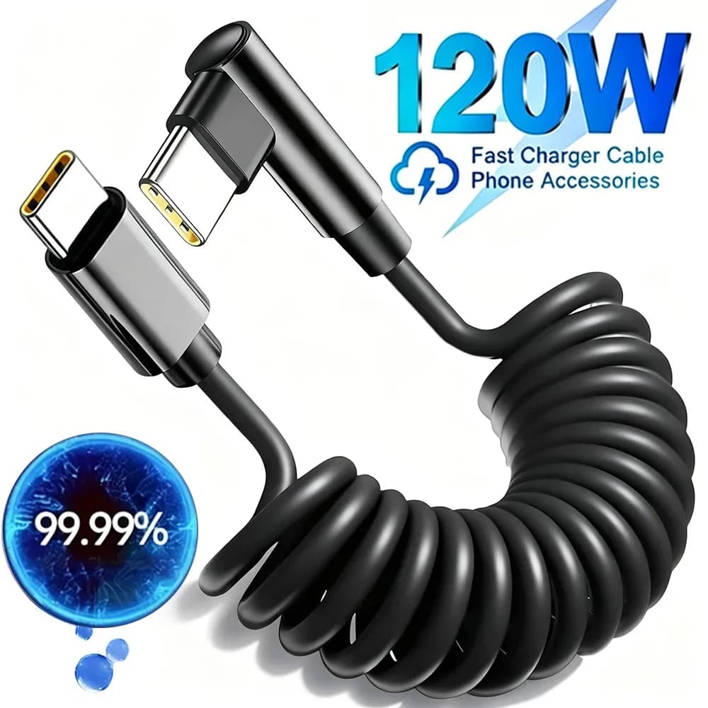 Coiled USB-C Charger Cable Type C To C 90 Degree Right Angle Wire 120W Quick Charging Data Line for iPhone 17 Samsung Carplay