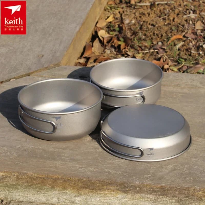 3 Piece Titanium Bowl Set with Foldable Handle Kitchen Set for Outdoor Travel Hunting Camping Kitchen Set Ti6053