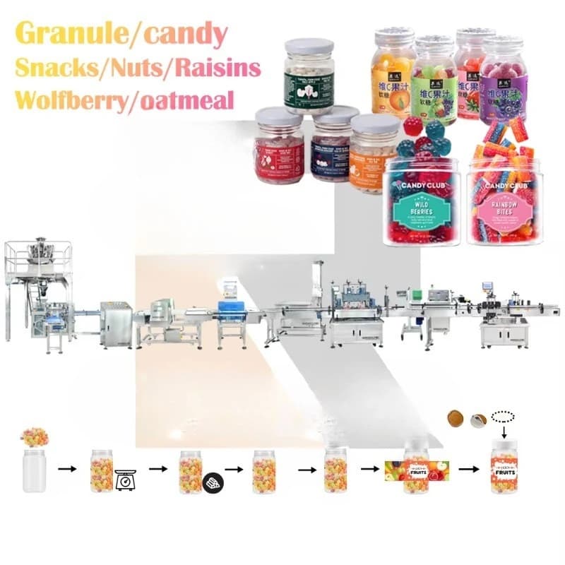 Linea di riempimento automatica di granuli Snack in bottiglia Imballaggio alimentare Caramelle Noci Snack Uvetta Frutta secca Mandorle Prugne Goji WolfBerry