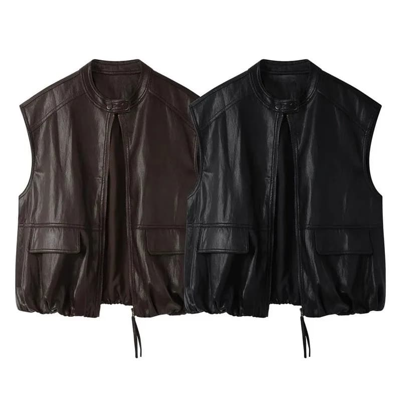 Loose Men's PU Leather Vest Jacket Autumn Winter plus Size 250 Pounds Retro Style Fashionable Polyester Fiber round Neck