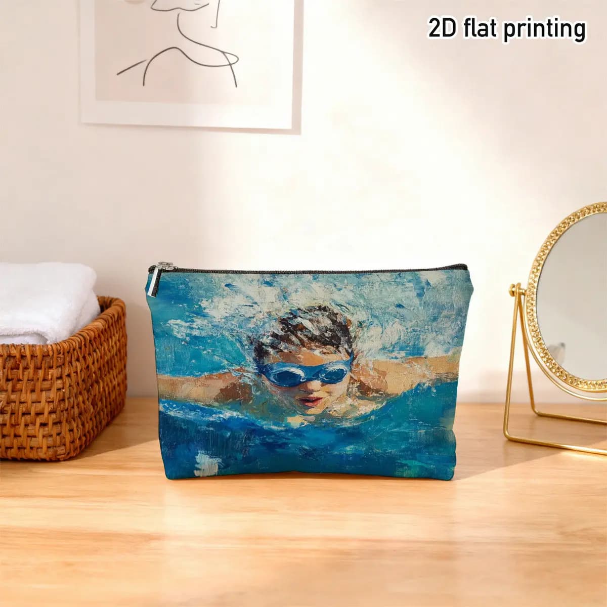 Borsa per il trucco con scena dinamica di nuoto - 1 pezzo - Pochette multifunzionale con cerniera per donna, perfetta borsa da viaggio con cerniera, divertente regalo di compleanno
