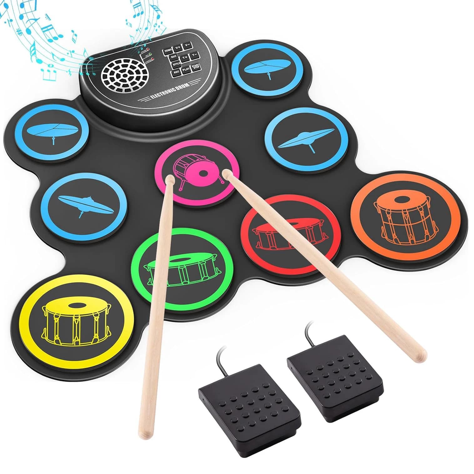 Electronic Drum Set, 9-Drum Practice Pad with Headphone Jack, Roll-up Drum Kit Machine with Speaker Drum Pedals, Christmas gift